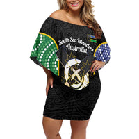 Personalised South Sea Islanders National Recognition Day Family Matching Off Shoulder Short Dress and Hawaiian Shirt Australia Aboriginal Vanuatu Pig Tusk LT14 Mom's Dress Black - Polynesian Pride