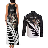 Personalised New Zealand Darts Couples Matching Tank Maxi Dress and Long Sleeve Button Shirt Silver Fern Aotearoa Maori Pattern - Polynesian Pride