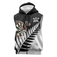 Personalised New Zealand Darts Sleeveless Zip Hoodie Silver Fern Aotearoa Maori Pattern LT14 Black - Polynesian Pride