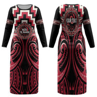 Aotearoa Ngai Te Rangi Personalised Family Matching Long Sleeve Bodycon Dress and Hawaiian Shirt Maori Iwi Poutama Puhoro Tattoo LT14 Mom's Dress Red - Polynesian Pride