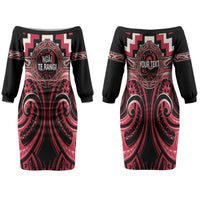 Aotearoa Ngai Te Rangi Personalised Family Matching Off The Shoulder Long Sleeve Dress and Hawaiian Shirt Maori Iwi Poutama Puhoro Tattoo LT14 Mom's Dress Red - Polynesian Pride
