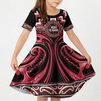 Aotearoa Ngai Te Rangi Personalised Kid Short Sleeve Dress Maori Iwi Poutama Puhoro Tattoo LT14 KID Red - Polynesian Pride