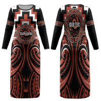 Aotearoa Tapuika Personalised Family Matching Long Sleeve Bodycon Dress and Hawaiian Shirt Maori Iwi Poutama Puhoro Tattoo LT14 Mom's Dress Red - Polynesian Pride