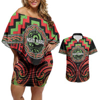 Aotearoa Ngati Maru Personalised Couples Matching Off Shoulder Short Dress and Hawaiian Shirt Maori Iwi Poutama Puhoro Tattoo LT14 Red - Polynesian Pride