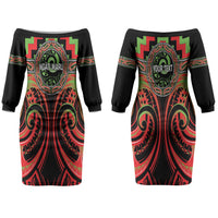 Aotearoa Ngati Maru Personalised Couples Matching Off The Shoulder Long Sleeve Dress and Hawaiian Shirt Maori Iwi Poutama Puhoro Tattoo LT14 - Polynesian Pride