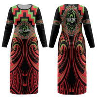 Aotearoa Ngati Maru Personalised Family Matching Long Sleeve Bodycon Dress and Hawaiian Shirt Maori Iwi Poutama Puhoro Tattoo LT14 Mom's Dress Red - Polynesian Pride