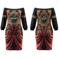 Aotearoa Ngati Maru Personalised Family Matching Off The Shoulder Long Sleeve Dress and Hawaiian Shirt Maori Iwi Poutama Puhoro Tattoo LT14 Mom's Dress Red - Polynesian Pride
