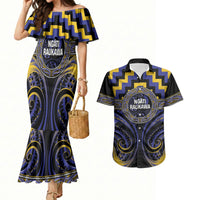 Aotearoa Ngati Raukawa Personalised Couples Matching Mermaid Dress and Hawaiian Shirt Maori Iwi Poutama Puhoro Tattoo LT14 Blue - Polynesian Pride