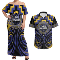 Aotearoa Ngati Raukawa Personalised Couples Matching Off Shoulder Maxi Dress and Hawaiian Shirt Maori Iwi Poutama Puhoro Tattoo LT14 Blue - Polynesian Pride