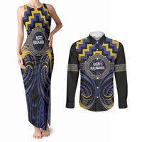 Aotearoa Ngati Raukawa Personalised Couples Matching Tank Maxi Dress and Long Sleeve Button Shirt Maori Iwi Poutama Puhoro Tattoo LT14 Blue - Polynesian Pride