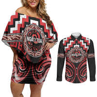 Aotearoa Ngati Toa Personalised Couples Matching Off Shoulder Short Dress and Long Sleeve Button Shirt Maori Iwi Poutama Puhoro Tattoo LT14 Red - Polynesian Pride