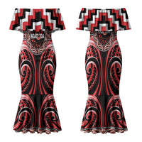 Aotearoa Ngati Toa Personalised Family Matching Mermaid Dress and Hawaiian Shirt Maori Iwi Poutama Puhoro Tattoo LT14 Mom's Dress Red - Polynesian Pride