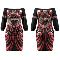 Aotearoa Ngati Toa Personalised Family Matching Off The Shoulder Long Sleeve Dress and Hawaiian Shirt Maori Iwi Poutama Puhoro Tattoo LT14 Mom's Dress Red - Polynesian Pride