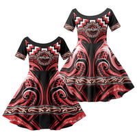 Aotearoa Ngati Toa Personalised Family Matching Off Shoulder Maxi Dress and Hawaiian Shirt Maori Iwi Poutama Puhoro Tattoo LT14 Daughter's Dress Red - Polynesian Pride