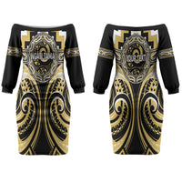 Aotearoa Ngati Tama Personalised Couples Matching Off The Shoulder Long Sleeve Dress and Hawaiian Shirt Maori Iwi Poutama Puhoro Tattoo LT14 - Polynesian Pride