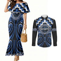 Aotearoa Ngati Ruanui Personalised Couples Matching Mermaid Dress and Long Sleeve Button Shirt Maori Iwi Poutama Puhoro Tattoo LT14 Blue - Polynesian Pride