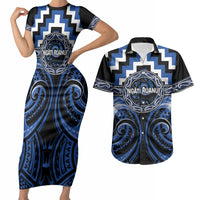 Aotearoa Ngati Ruanui Personalised Couples Matching Short Sleeve Bodycon Dress and Hawaiian Shirt Maori Iwi Poutama Puhoro Tattoo LT14 Blue - Polynesian Pride