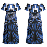 Aotearoa Ngati Ruanui Personalised Family Matching Off Shoulder Maxi Dress and Hawaiian Shirt Maori Iwi Poutama Puhoro Tattoo LT14 Mom's Dress Blue - Polynesian Pride