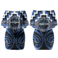 Aotearoa Ngati Ruanui Personalised Family Matching Off Shoulder Short Dress and Hawaiian Shirt Maori Iwi Poutama Puhoro Tattoo LT14 Mom's Dress Blue - Polynesian Pride