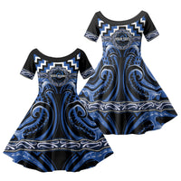 Aotearoa Ngati Ruanui Personalised Family Matching Off Shoulder Short Dress and Hawaiian Shirt Maori Iwi Poutama Puhoro Tattoo LT14 Daughter's Dress Blue - Polynesian Pride