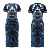 Aotearoa Ngati Ruanui Personalised Family Matching Short Sleeve Bodycon Dress and Hawaiian Shirt Maori Iwi Poutama Puhoro Tattoo LT14 Mom's Dress Blue - Polynesian Pride