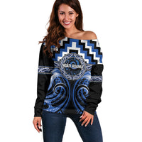 Aotearoa Ngati Ruanui Personalised Off Shoulder Sweater Maori Iwi Poutama Puhoro Tattoo LT14 Women Blue - Polynesian Pride