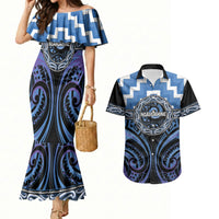 Aotearoa Ngaruahine Personalised Couples Matching Mermaid Dress and Hawaiian Shirt Maori Iwi Poutama Puhoro Tattoo LT14 Blue - Polynesian Pride