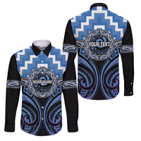 Aotearoa Ngaruahine Personalised Family Matching Off The Shoulder Long Sleeve Dress and Hawaiian Shirt Maori Iwi Poutama Puhoro Tattoo LT14 Dad's Shirt - Long Sleeve Blue - Polynesian Pride
