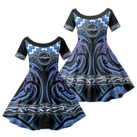 Aotearoa Ngaruahine Personalised Family Matching Off The Shoulder Long Sleeve Dress and Hawaiian Shirt Maori Iwi Poutama Puhoro Tattoo LT14 Daughter's Dress Blue - Polynesian Pride