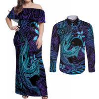 Nukuoro Atoll Couples Matching Off Shoulder Maxi Dress and Long Sleeve Button Shirt Polynesian Shark Tattoo Purple Gradient Vibes