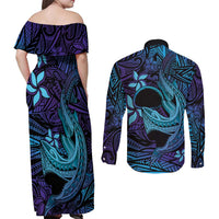 Nukuoro Atoll Couples Matching Off Shoulder Maxi Dress and Long Sleeve Button Shirt Polynesian Shark Tattoo Purple Gradient Vibes
