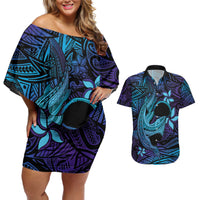 Nukuoro Atoll Couples Matching Off Shoulder Short Dress and Hawaiian Shirt Polynesian Shark Tattoo Purple Gradient Vibes