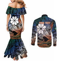 Personalised Kwajalein Atoll Couples Matching Mermaid Dress and Long Sleeve Button Shirt Polynesian Shark Tattoo Gradient Vibes