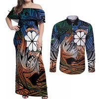 Personalised Kwajalein Atoll Couples Matching Off Shoulder Maxi Dress and Long Sleeve Button Shirt Polynesian Shark Tattoo Gradient Vibes