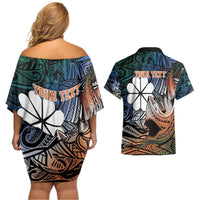 Personalised Kwajalein Atoll Couples Matching Off Shoulder Short Dress and Hawaiian Shirt Polynesian Shark Tattoo Gradient Vibes