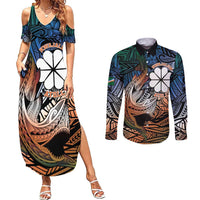 Personalised Kwajalein Atoll Couples Matching Summer Maxi Dress and Long Sleeve Button Shirt Polynesian Shark Tattoo Gradient Vibes