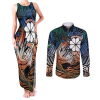Personalised Kwajalein Atoll Couples Matching Tank Maxi Dress and Long Sleeve Button Shirt Polynesian Shark Tattoo Gradient Vibes