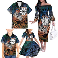 Personalised Kwajalein Atoll Family Matching Off The Shoulder Long Sleeve Dress and Hawaiian Shirt Polynesian Shark Tattoo Gradient Vibes