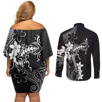 Black Hawaii Couples Matching Off Shoulder Short Dress and Long Sleeve Button Shirt Hammerhead Shark Tattoo Curve Polynesian - Polynesian Pride