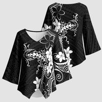 Black Hawaii Kimono Sleeve Blouse Hammerhead Shark Tattoo Curve Polynesian - Polynesian Pride