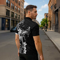 Black Hawaii Zipper Polo Shirt Hammerhead Shark Tattoo Curve Polynesian - Polynesian Pride