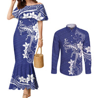 Blue Hawaii Couples Matching Mermaid Dress and Long Sleeve Button Shirt Hammerhead Shark Tattoo Curve Polynesian LT14 Blue - Polynesian Pride