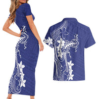 Blue Hawaii Couples Matching Short Sleeve Bodycon Dress and Hawaiian Shirt Hammerhead Shark Tattoo Curve Polynesian - Polynesian Pride