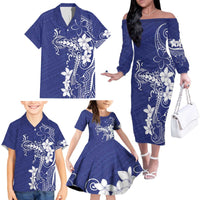 Blue Hawaii Family Matching Off The Shoulder Long Sleeve Dress and Hawaiian Shirt Hammerhead Shark Tattoo Curve Polynesian - Polynesian Pride