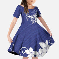 Blue Hawaii Family Matching Puletasi and Hawaiian Shirt Hammerhead Shark Tattoo Curve Polynesian LT14 Daughter's Dress Blue - Polynesian Pride