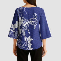 Blue Hawaii Kimono Sleeve Blouse Hammerhead Shark Tattoo Curve Polynesian - Polynesian Pride