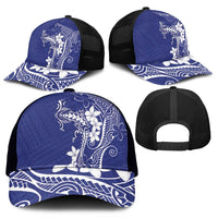 Blue Hawaii Mesh Trucker Cap Hammerhead Shark Tattoo Curve Polynesian - Polynesian Pride