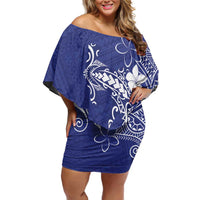 Blue Hawaii Off Shoulder Short Dress Hammerhead Shark Tattoo Curve Polynesian - Polynesian Pride