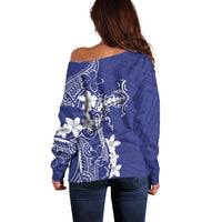 Blue Hawaii Off Shoulder Sweater Hammerhead Shark Tattoo Curve Polynesian - Polynesian Pride