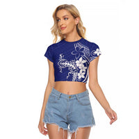 Blue Hawaii Raglan Cropped T Shirt Hammerhead Shark Tattoo Curve Polynesian LT14 Female Blue - Polynesian Pride